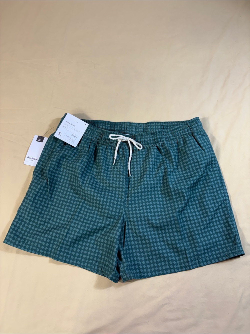 Goodfellow & Co Mens Teal Green Checkered 5" Inseam Swim Trunks Size L NWT